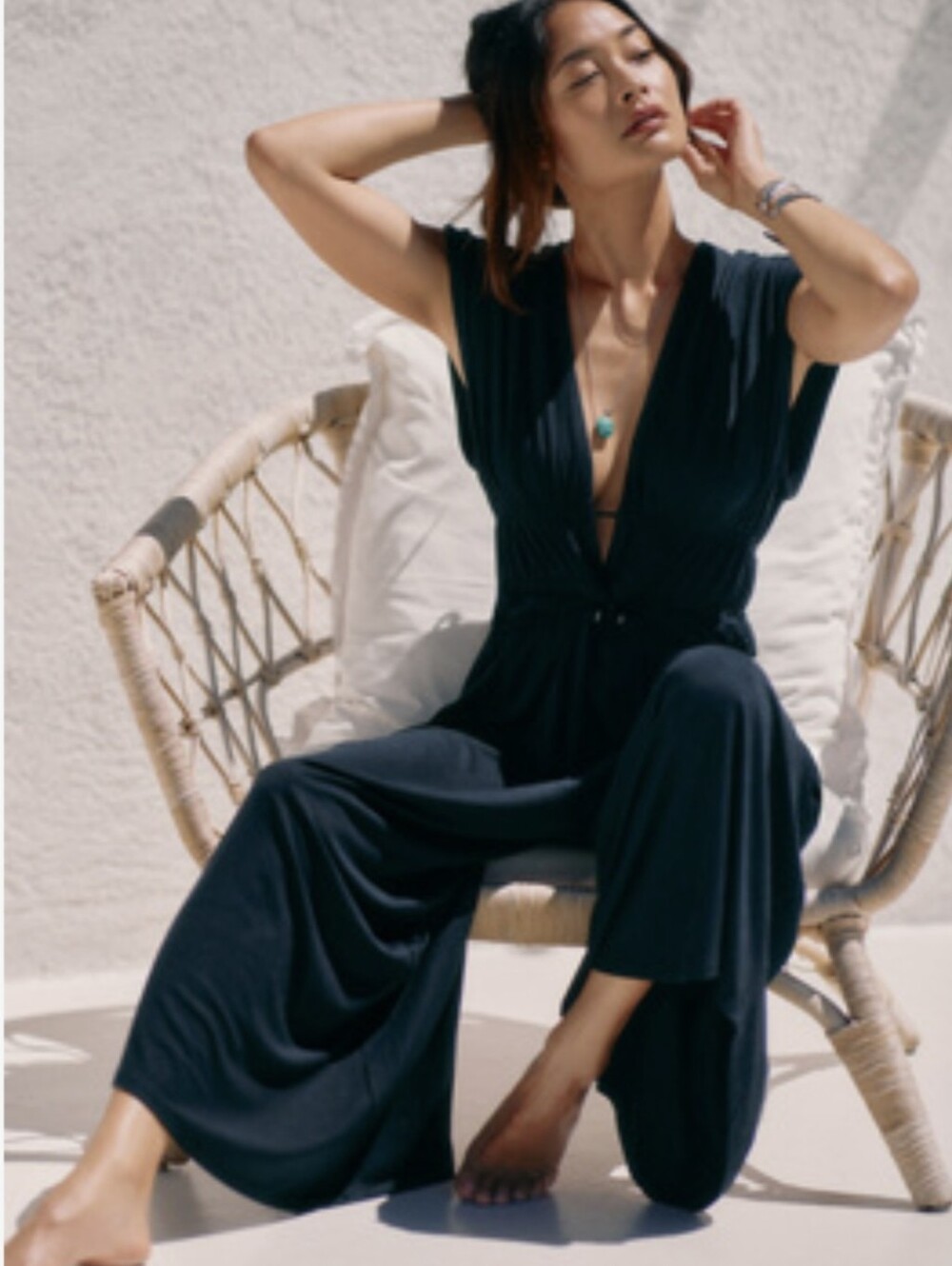 Anthropologie Willow Smocked Rayon Wide-Leg Jumpsuit Black Lounge Coxy  Women